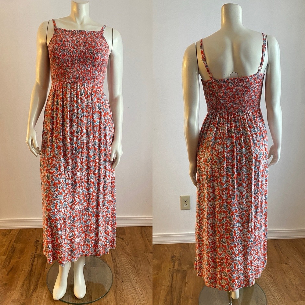Old Navy Summer Red Dress Small Floral  Print Smocked Woven Midi Peasant